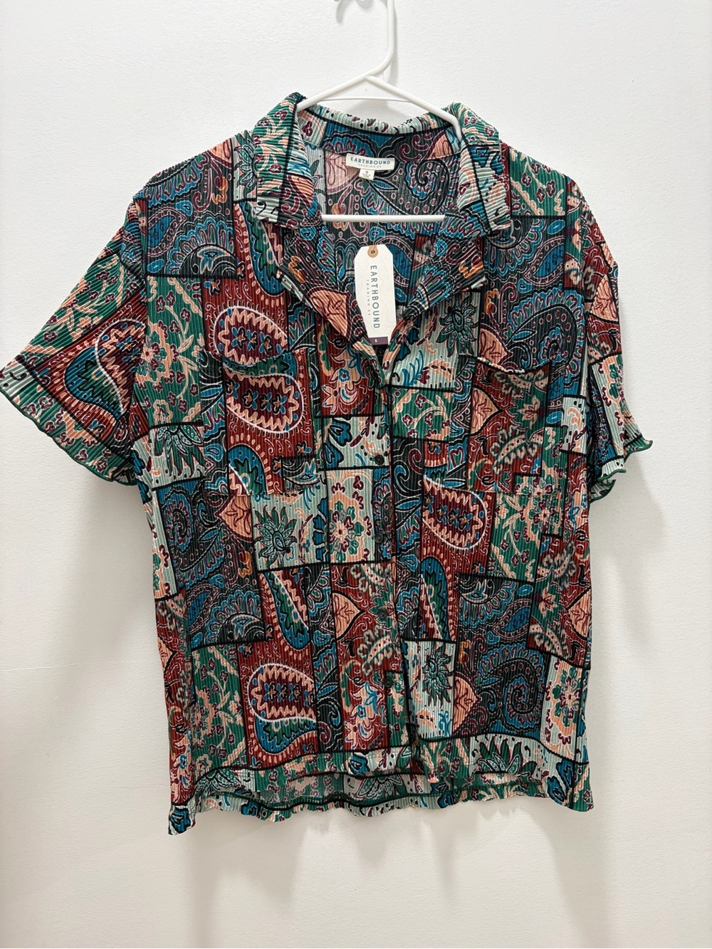 EARTHBOUND Teal Rust Navy Cream Paisley Patchwork Button-Down Shirt Size Small